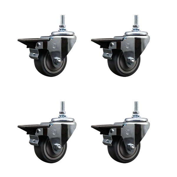 3 Inch Thermoplastic Rubber 12 MM Threaded Stem Caster Set with Brake